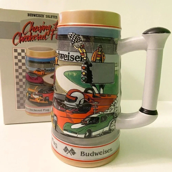 Vintage 1991 Anheuser Busch Budweiser Stein Chasing the Checkered  Flag Racing - Picture 1 of 12